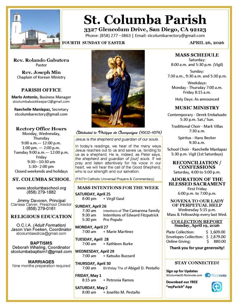 Front page of St. Columba Parish bulletin with church photo, central Jesus-as-shepherd artwork, and three-column schedule and contacts (Apr 26, 2026).