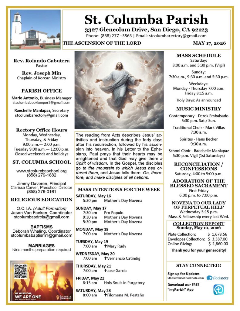 Parish flyer for St. Columba Church with address, contact info, and weekly Mass schedule (May 17, 2026).