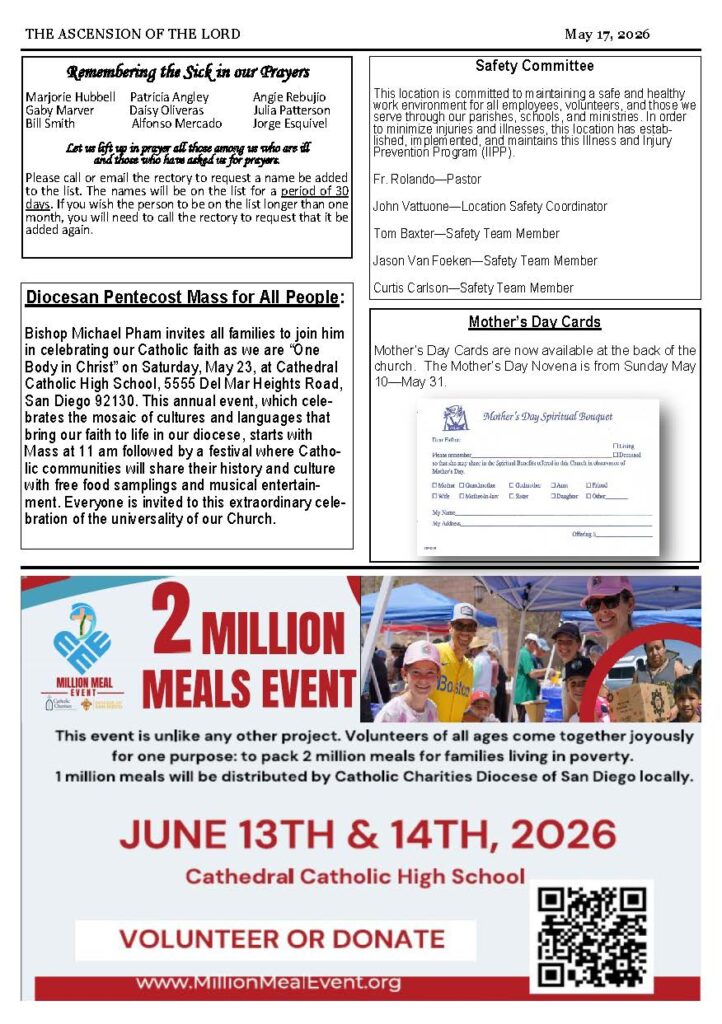 Church bulletin page with prayers list, safety notes, Mother's Day cards, Pentecost Mass invitation, and a large 2 Million Meals Event banner.