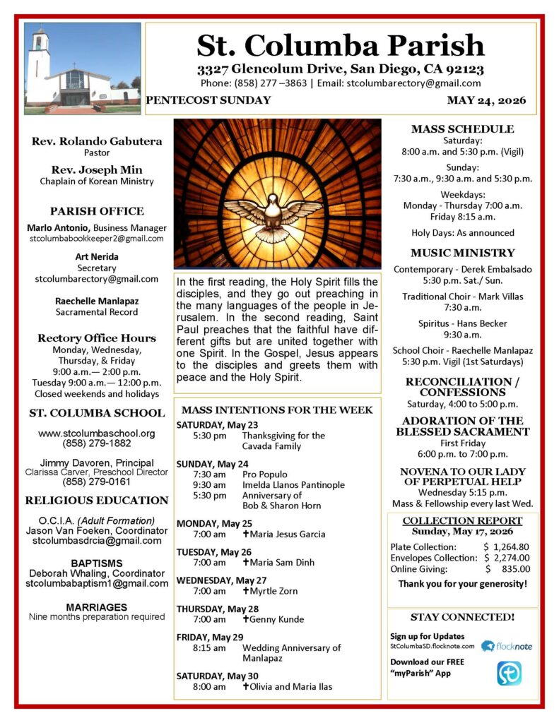 Front page parish bulletin for St. Columba Parish with service times, contact info, and a central stained-glass dove image.