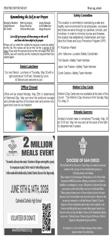 Church bulletin page with sections on Remembering the Sick, Safety Committee, Senior Luncheon, Office Closed, Mother's Day Cards, and Amalia Guerrero’s Mass notice, plus two event banners at the bottom.