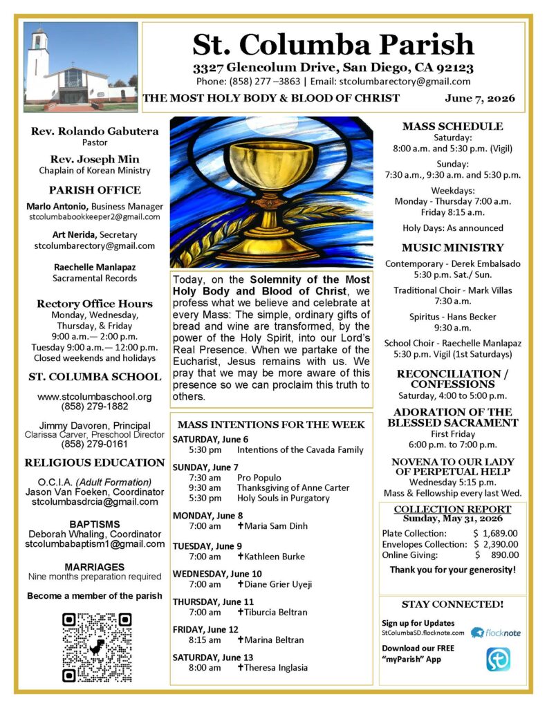 Front page bulletin for St. Columba Parish with address, mass schedule, and ministry contacts.