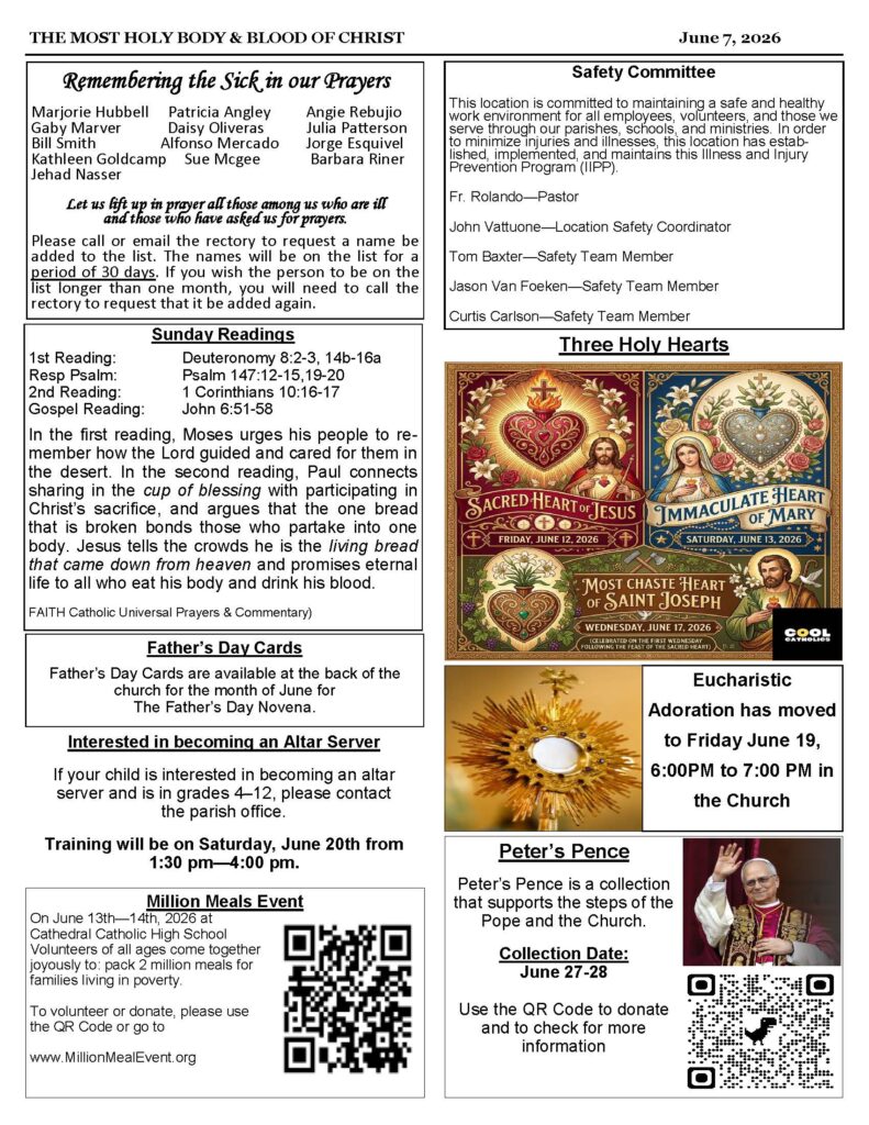 Church bulletin page with sections for Remembering the Sick, Safety Committee, Sunday Readings, and a 'Three Holy Hearts' graphic (June 7, 2026).