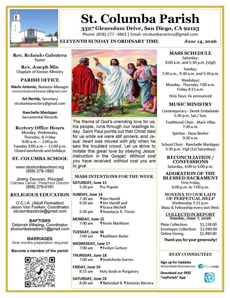 Front page of St. Columba Parish newsletter showing the church masthead, contact details, mass schedule, and event listings with a central image of Jesus blessing people.