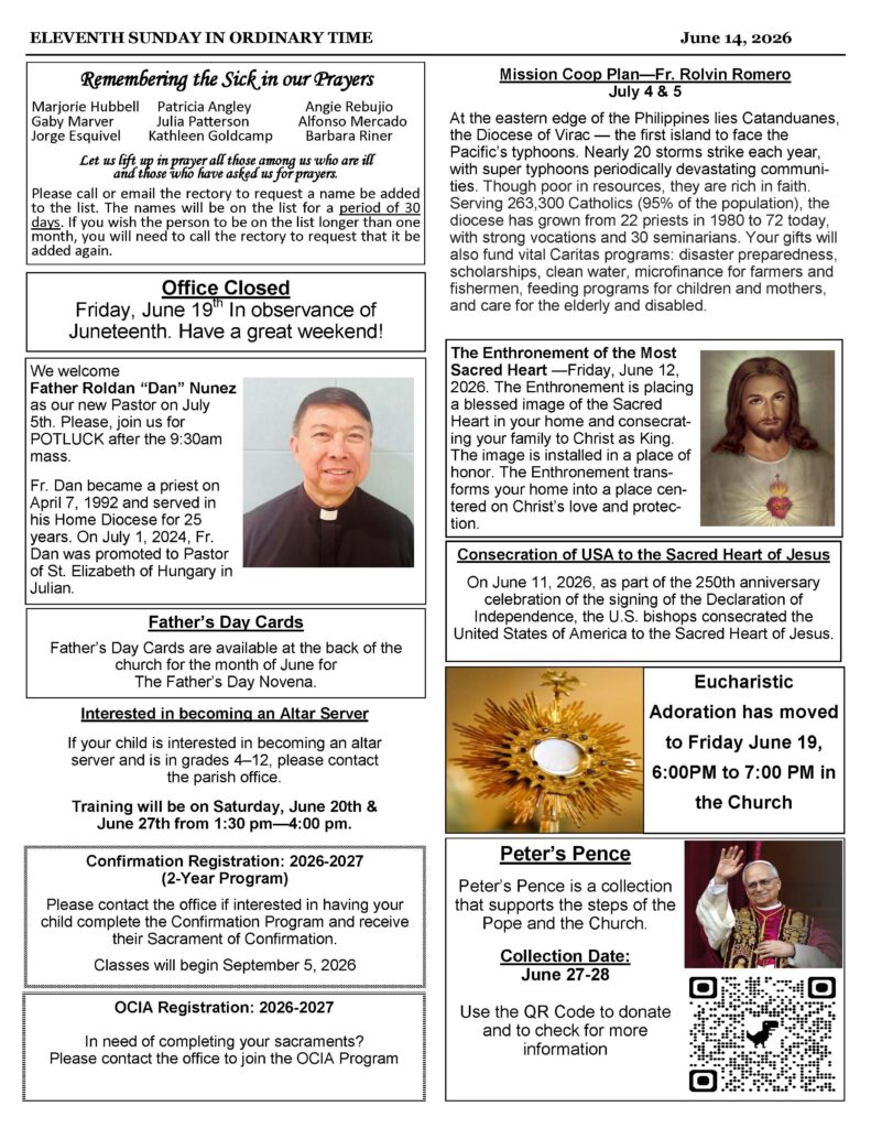 Front page of a church newsletter with multiple bordered sections and headings, including Remembering the Sick in Our Prayers and Office Closed.