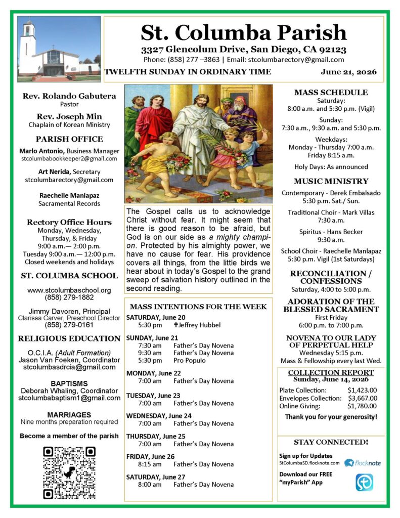 St. Columba Parish flyer with church image, contact details, and central religious artwork showing Jesus with children; includes schedule sections and QR code.