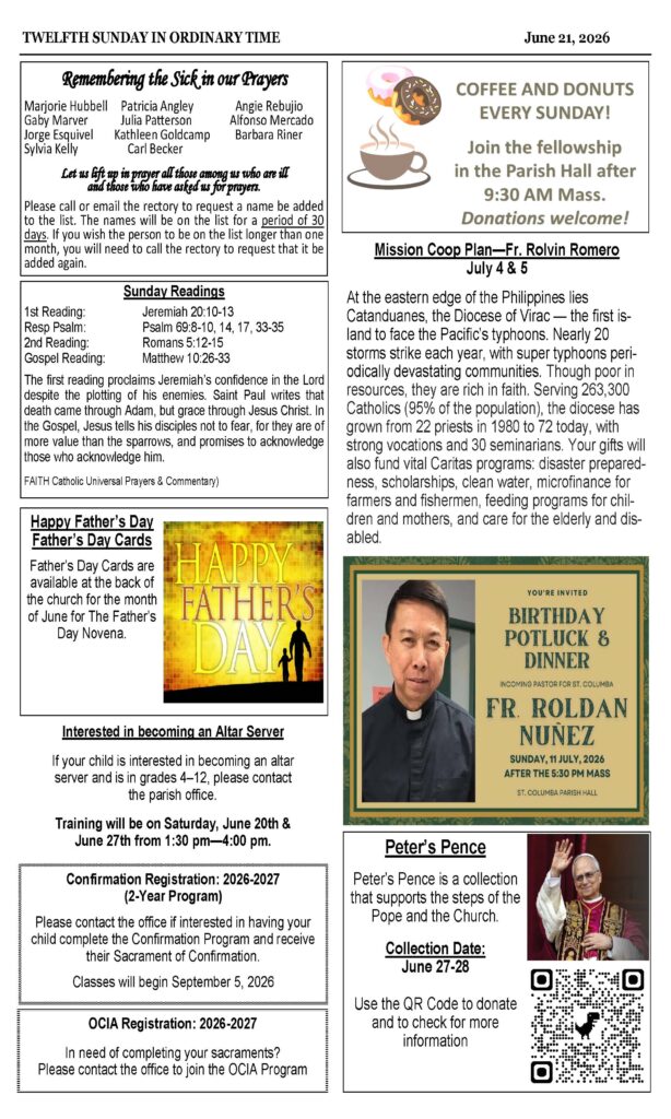 Church bulletin page titled Twelfth Sunday in Ordinary Time, June 21, 2026, featuring prayers, readings, and events across panels.