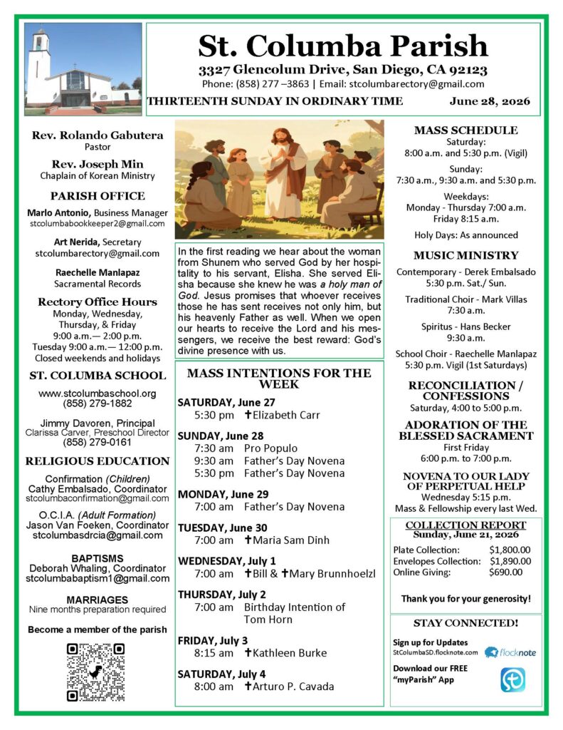 Parish bulletin page for St. Columba Parish showing the church photo, header with address and date, left column with pastors and office info, a central Jesus teaching illustration, and a right column mass schedule and events.