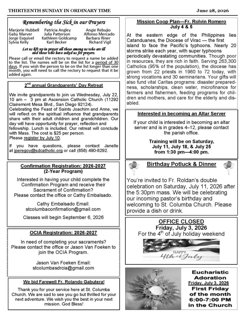 Parish bulletin front page, June 28, 2026, two-column layout with prayer list and announcements.