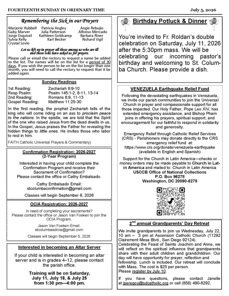 Two-column church bulletin page with notices: Remembering the Sick in our Prayers, Birthday Potluck & Dinner, Sunday readings, and community notices across sections.