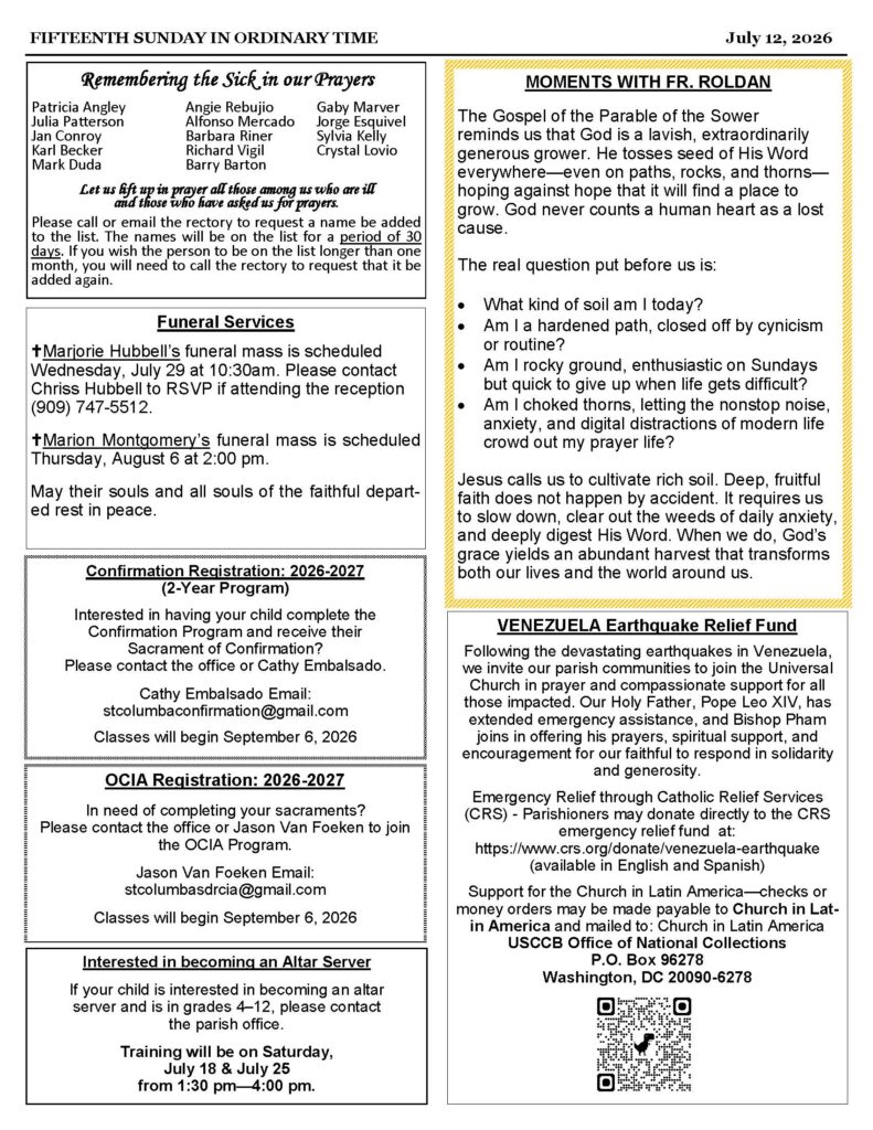 Two-column church bulletin dated July 12, 2026, with prayers and parish announcements on the left and a 'Moments with Fr. Roldan' reflection on the right.