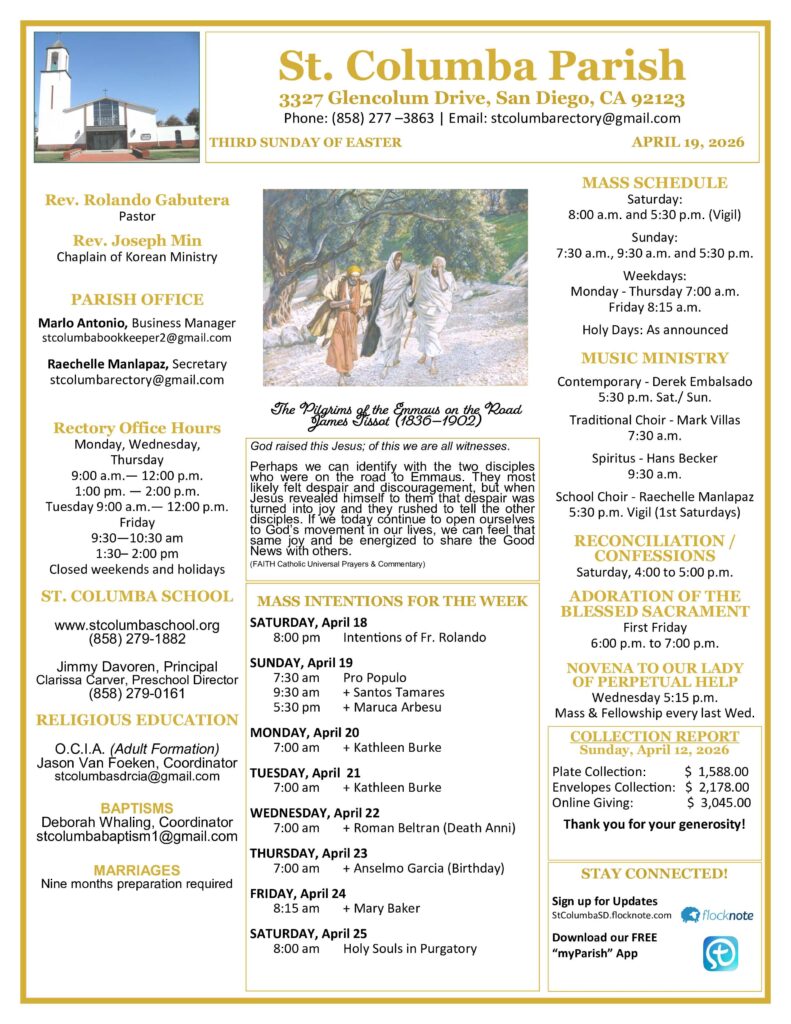 St. Columba Parish bulletin front page with mass schedule, office hours, and weekly notices; center image shows pilgrims walking on a road.