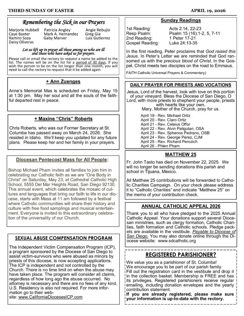 Church bulletin page for Third Sunday of Easter (April 19, 2026) with notices on sick prayers, Sunday readings, memorials, daily prayers, and parish events.
