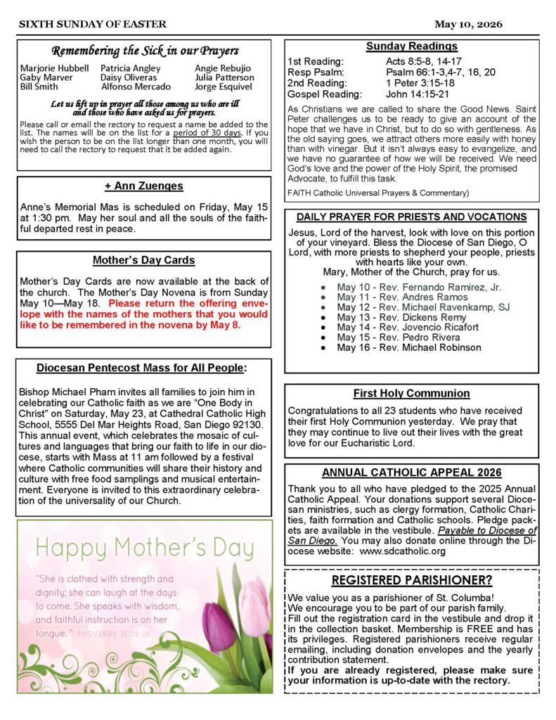 Church bulletin page for Sixth Sunday of Easter, May 10, 2026, with prayer notices and parish announcements.