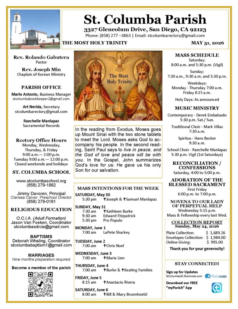 St. Columba Parish weekly bulletin with church photo, central artwork of The Most Holy Trinity, and mass schedule