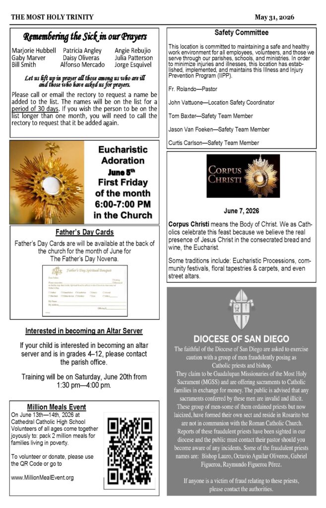 A church newsletter page with sections: Remembering the Sick in our Prayers, Safety Committee notes, Eucharistic Adoration image, Father’s Day Cards, a QR code for Million Meals Event, and a gray Diocese of San Diego panel on the right.