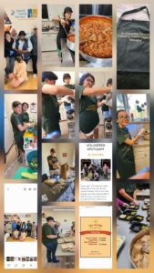 Group of volunteers in green shirts cooking and serving food for St. Columba Feeding God's Children Ministry collage image panel.