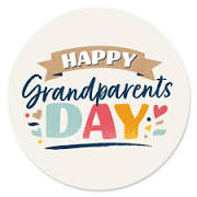 Circular badge that says 'Happy Grandparents Day' in colorful letters with hearts and decorative elements.