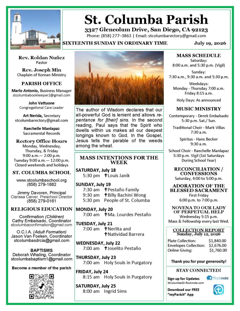 Front page parish flyer for St. Columba Parish with address, schedule, and staff list