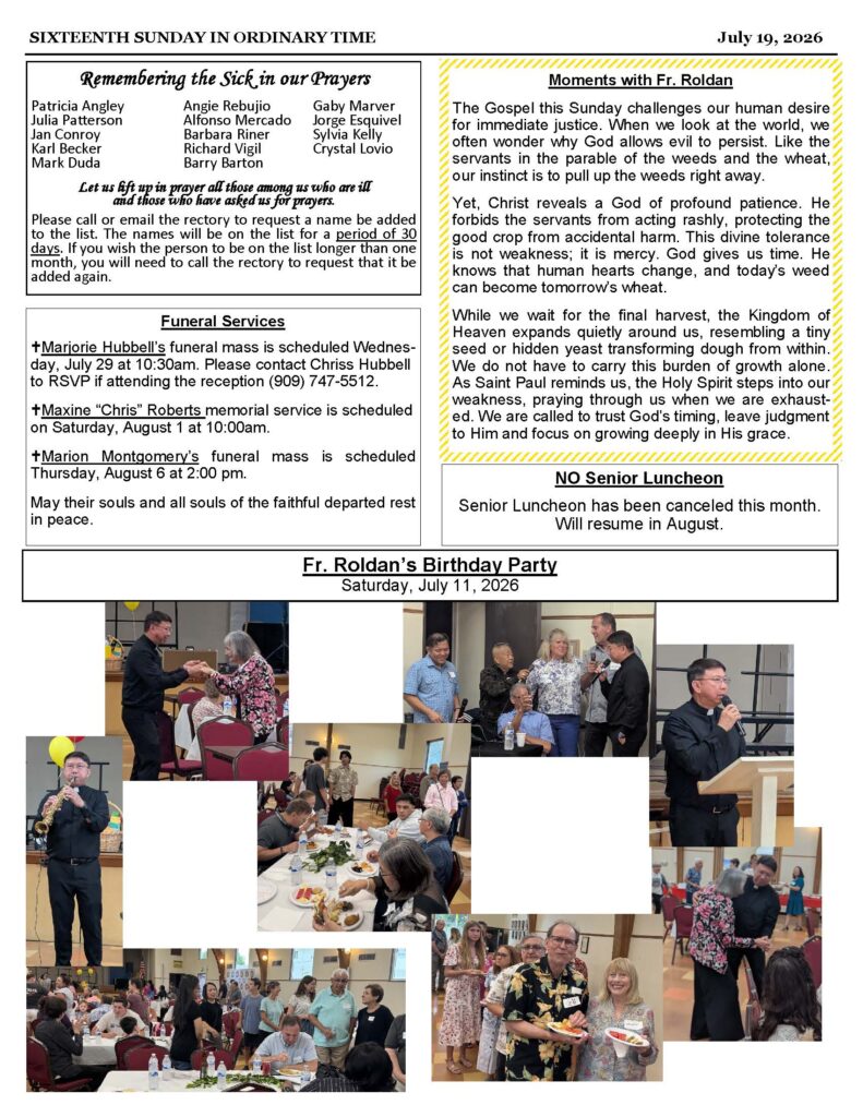 A church bulletin page titled 'Sixteenth Sunday in Ordinary Time' with columns of text and a collage of people at a meal event below.