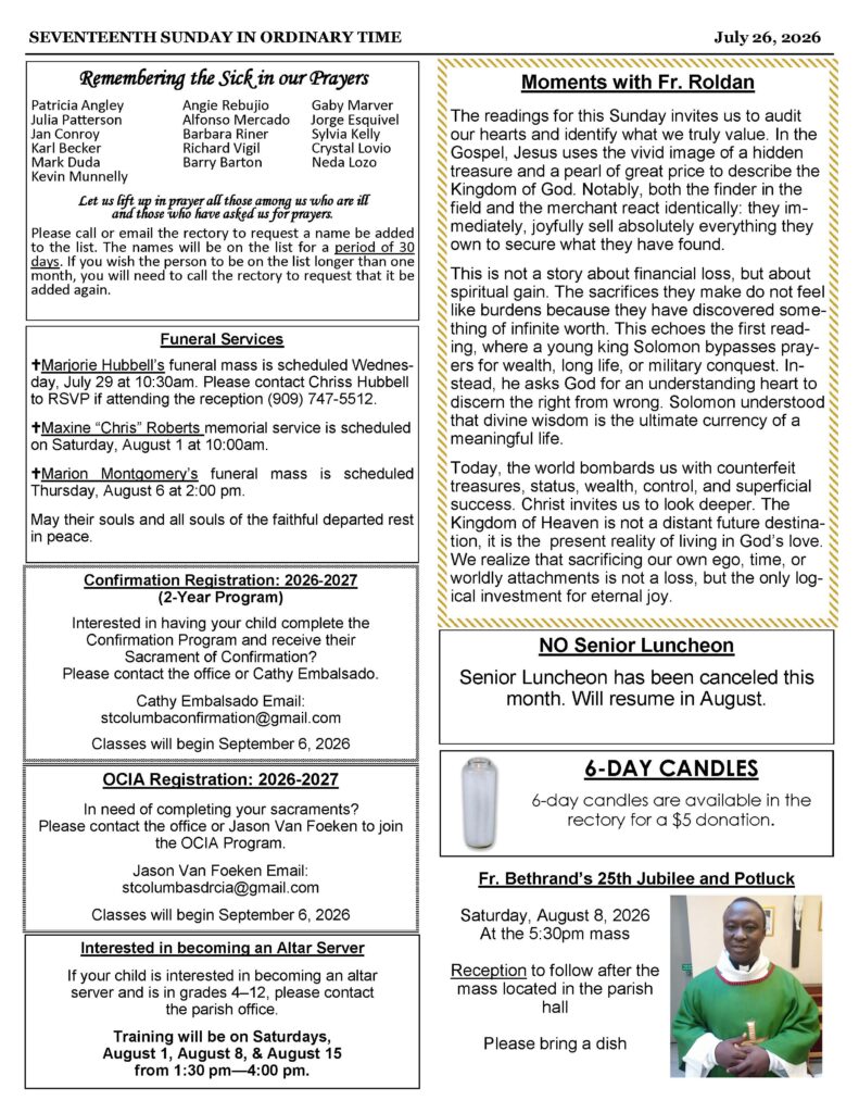 Two-column church bulletin page dated July 26, 2026; left column lists names and funeral notices, right column features an article titled Moments with Fr. Roldan with a gold-bordered box.