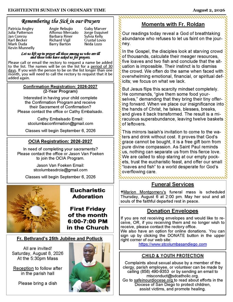 Church bulletin page titled Eighteenth Sunday in Ordinary Time, with sections for remembering the sick, confirmations, OCIA, Eucharistic Adoration, and Moments with Fr. Roldan.