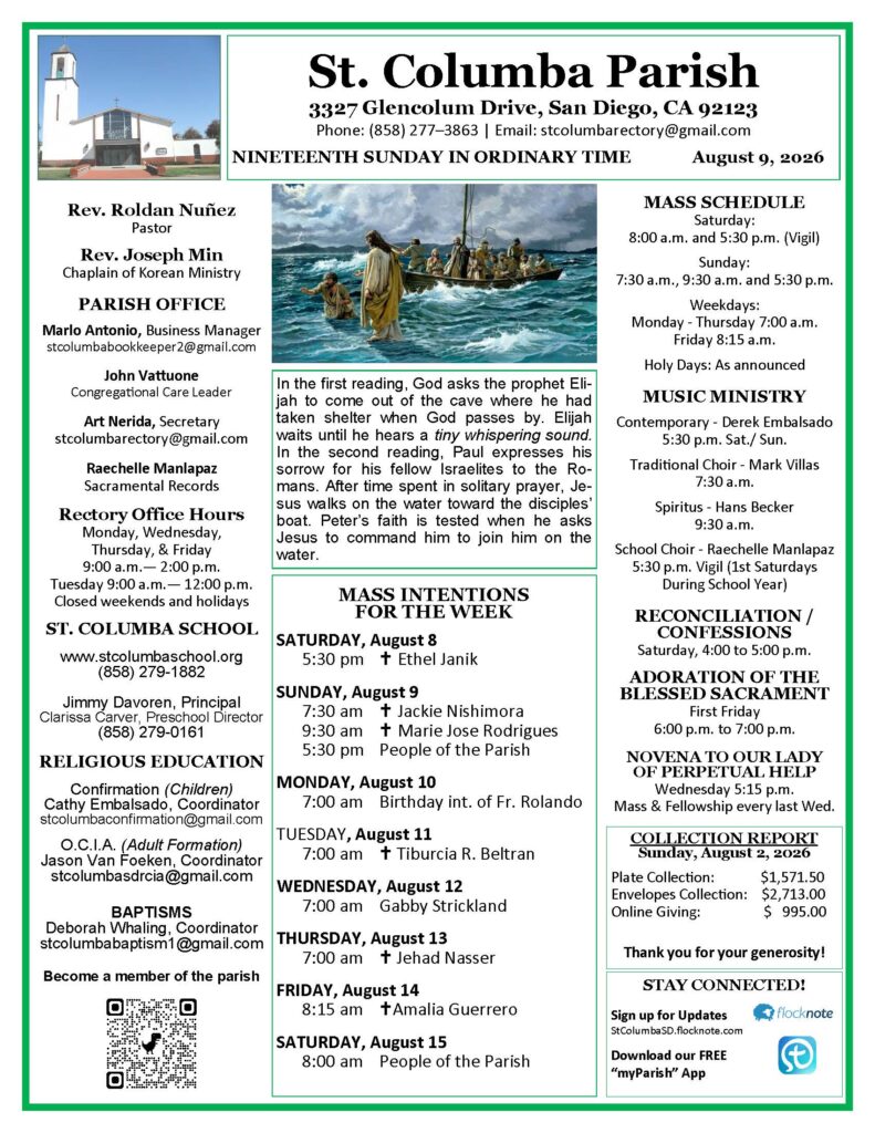 Parish bulletin for St. Columba Parish showing a church photo, contact info, and Sunday schedule in a three-column layout.