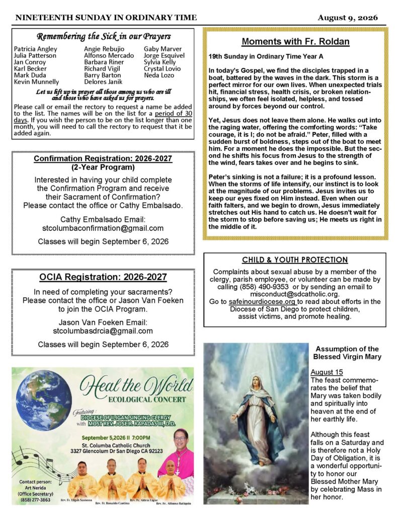 Collage page from a church bulletin with multiple boxed notices, including prayers, confirmation info, a sermon feature titled 'Moments with Fr. Roldan', and event details.