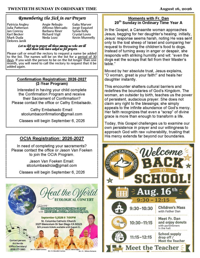 Collage-style church bulletin page with multiple sections: names list, prayer note, and announcements.